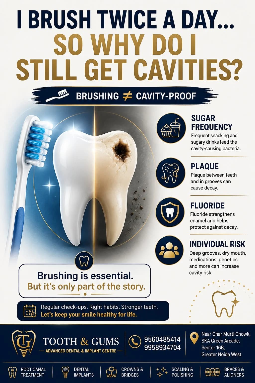 Infographic showing a healthy tooth versus a decayed tooth, explaining why brushing twice a day does not always prevent cavities