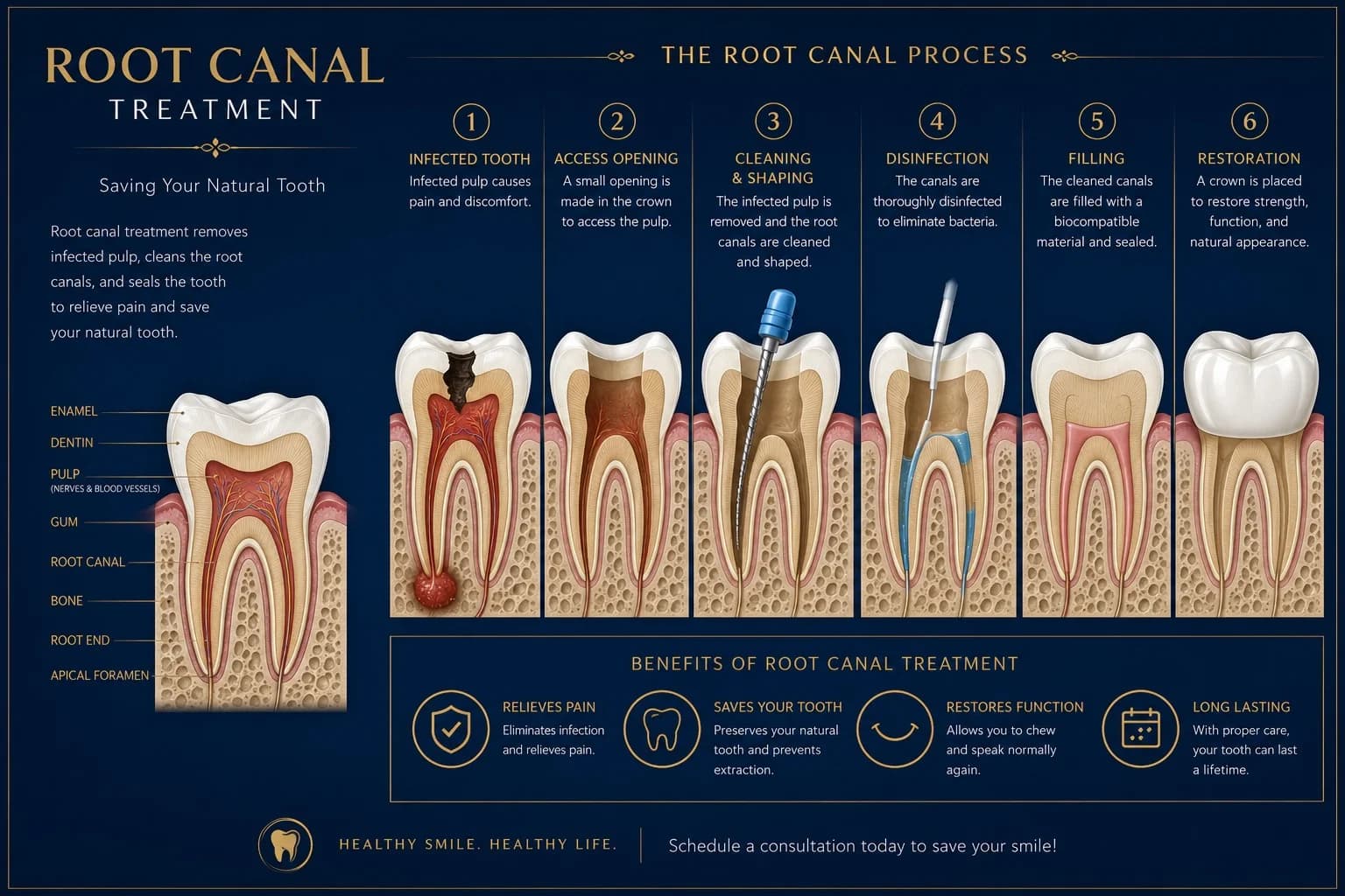 Infographic explaining root canal treatment: tooth anatomy, the RCT process from infection to crown, and the benefits of saving a natural tooth